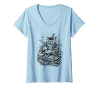 Donna Gatto Giapponese con Sushi in Stile Irezumi Bianco e Nero Maglietta con Collo a V