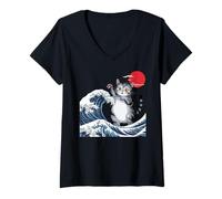 Donna Gatto giapponese Wave Art Kawaii retrò amante del Giappone Cute Kitty Maglietta con Collo a V