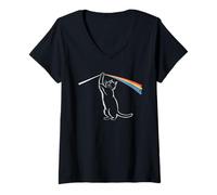 Donna Gatto Giocoso Tocca L'Arcobaleno Whimsical Cat With Rainbow Maglietta con Collo a V