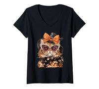 Donna Gatto Glam con Occhiali da Sole Cappello da Strega Animale Boujee Halloween Maglietta con Collo a V