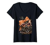 Donna Gatto Glam con Occhiali da Sole Cappello da Strega Animale Boujee Halloween Maglietta con Collo a V