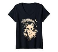 Donna Gatto Grim Reaper Kawaii Goth Luna Stelle Halloween Maglietta con Collo a V