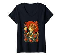 Donna Gatto In Kimono Con Ombrello Arte Giapponese Stile Classico Maglietta con Collo a V