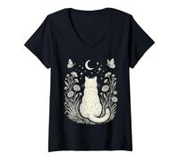 Donna Gatto Luna Stelle Farfalla Fiori Celeste Felino Maglietta con Collo a V