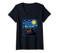 Donna Gatto, Madrid, Cielo Stellato, Notte, Orizzonte, con, Spagnolo, Città, luci Maglietta con Collo a V