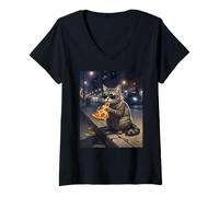 Donna Gatto Mangiare Pizza Notte Scena Maglietta con Collo a V