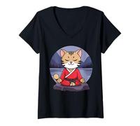 Donna Gatto meditante Zen Monaco Kawaii Consapevolezza Relax Yoga Gatto Maglietta con Collo a V