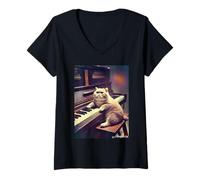 Donna Gatto Musicale pianista in Scena d'Epoca Maglietta con Collo a V