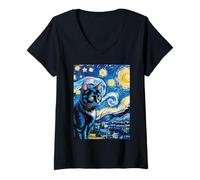 Donna Gatto nel Buio Notte Stellata Starry Night Maglietta con Collo a V