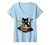 Donna Gatto nello Spazio Mangiare Tagliatelle Astronauta Maglietta con Collo a V
