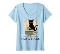 Donna Gatto Nero Che beve Il tè sulla pila di Libri Illustrazione Maglietta con Collo a V