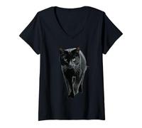Donna Gatto Nero Che Cammina Maglietta con Collo a V