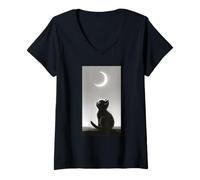 Donna Gatto Nero Che Guarda la Luna Crescente Minimalista Notte Cielo Arte Maglietta con Collo a V