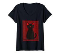 Donna Gatto Nero Folk Art Design - Rosso Boho Retro Elegante Maglietta con Collo a V