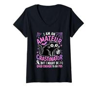 Donna Gatto Nero Halloween Humor Procrastinatore Divertente Maglietta con Collo a V