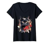 Donna Gatto Nero Occhi Gialli Floreale Rose Rosse Fiori Colorati Maglietta con Collo a V