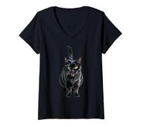 Donna Gatto Nero Occhi Gialli Urlando Halloween Spooky Cat Angry Maglietta con Collo a V