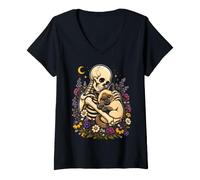 Donna Gatto Nero Scheletro Gotico Floreale Luna Halloween Donne Ragazze Maglietta con Collo a V