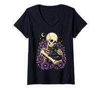 Donna Gatto Nero Scheletro Gotico Floreale Luna Halloween Donne Ragazze Maglietta con Collo a V