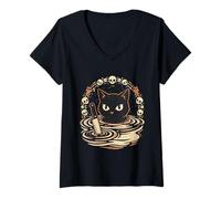 Donna Gatto Nero Teschi Gothic Horror Vintage Arte Maglietta con Collo a V