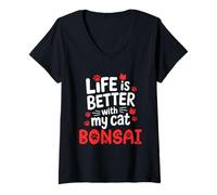 Donna Gatto Nome Bonsai La Vita è Migliore con Il Mio Gatto Bonsai Maglietta con Collo a V