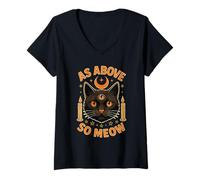 Donna Gatto Occulto Come sopra così Miao Strega Mistico Halloween Maglietta con Collo a V