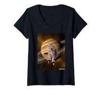 Donna Gatto Pattinatore Spazio Saturno Maglietta con Collo a V