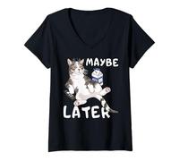 Donna Gatto Pigro Divertente Forse Dopo Umorismo Maglietta con Collo a V