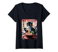Donna Gatto Ramen Anime Sakura Tramonto Giappone Maglietta con Collo a V