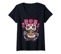 Donna Gatto Ramen Scheletro Giapponese Creepy Anime Gatto Halloween Maglietta con Collo a V