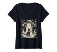 Donna Gatto retrò UFO Alien Abduction Vintage Distressed Art Maglietta con Collo a V