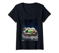 Donna Gatto Rilassante Divertimento Notturno da Sogno Maglietta con Collo a V