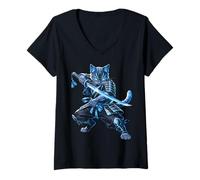 Donna Gatto Samurai Blue Warrior Katana Sword Anime Ninja Maglietta con Collo a V