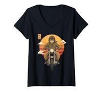 Donna Gatto Samurai Giapponese su Moto Kawaii Ninja Cat Biker Maglietta con Collo a V