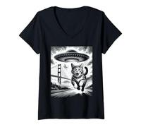 Donna Gatto San Francisco UFO Golden Gate Bridge Alieno Gattino Maglietta con Collo a V