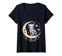 Donna Gatto Scheletro sulla Luna Crescente Halloween Maglietta con Collo a V