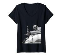 Donna Gatto seduto sulla moto Hasselblad 501cm 907x e x2d Maglietta con Collo a V