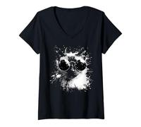 Donna Gatto Siamese con Occhiali da Sole Bianco Splash Art Cats Cool Maglietta con Collo a V