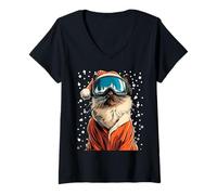 Donna Gatto Siamese di Natale in Maschera da Sci Babbo sciatore Snowboarder Maglietta con Collo a V