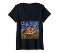 Donna Gatto somalo Notte Stellata Che Dorme Fluffy Kitty Opera d'Arte Maglietta con Collo a V