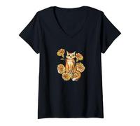 Donna Gatto Soriano Zenzero con calendule Arancioni Accogliente Autunno Floreale Maglietta con Collo a V