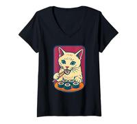 Donna Gatto Sushi Mangiare Cibo Giapponese, Amore Maglietta con Collo a V