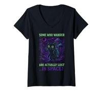 Donna Gatto umoristico divertente con scritta in inglese "Some Who Wander Are Actually Lost" Maglietta con Collo a V