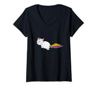 Donna Gatto Unicorno Grasso Coda Arcobaleno Maglietta con Collo a V