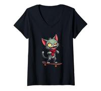 Donna Gatto Zombie su Skateboard - Stile Cartone Halloween Maglietta con Collo a V