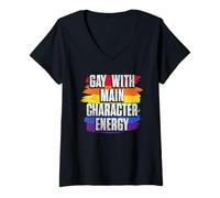 Donna Gay Con Personaggio LGBT-Q Gay Pride Mese Bandiera Colorata Maglietta con Collo a V