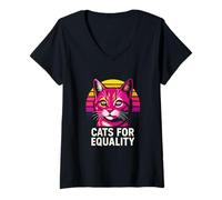 Donna Gay Pride - Gatto carino per l'uguaglianza Rainbow Pride Maglietta con Collo a V