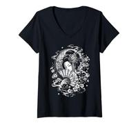Donna Geisha Giapponese con ventagli in Stile Irezumi Nero e Bianco Maglietta con Collo a V