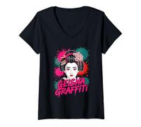 Donna Geisha Graffiti Cultura Pop Estetica Giapponese Maglietta con Collo a V