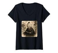 Donna Gelato Samurai Warrior Katana Kimono Zen Sumi-E Vintage Maglietta con Collo a V